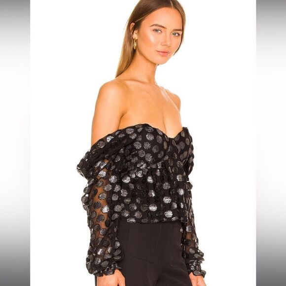 NWT House of Harlow 1960 Burna Blouse in Black Metallic Dot sz S - Picture 2 of 11